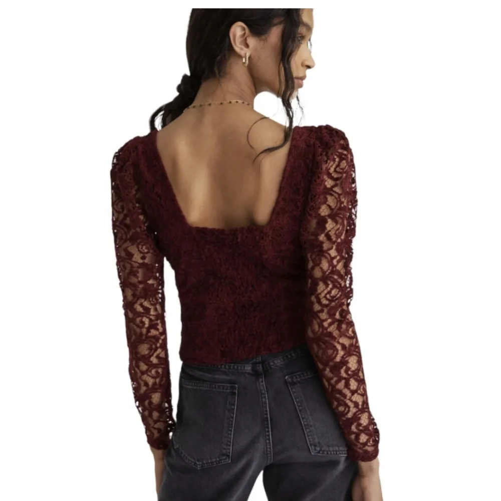 Anthropologie Burgundy Lace Velvet Long Sleeve Blouse Top